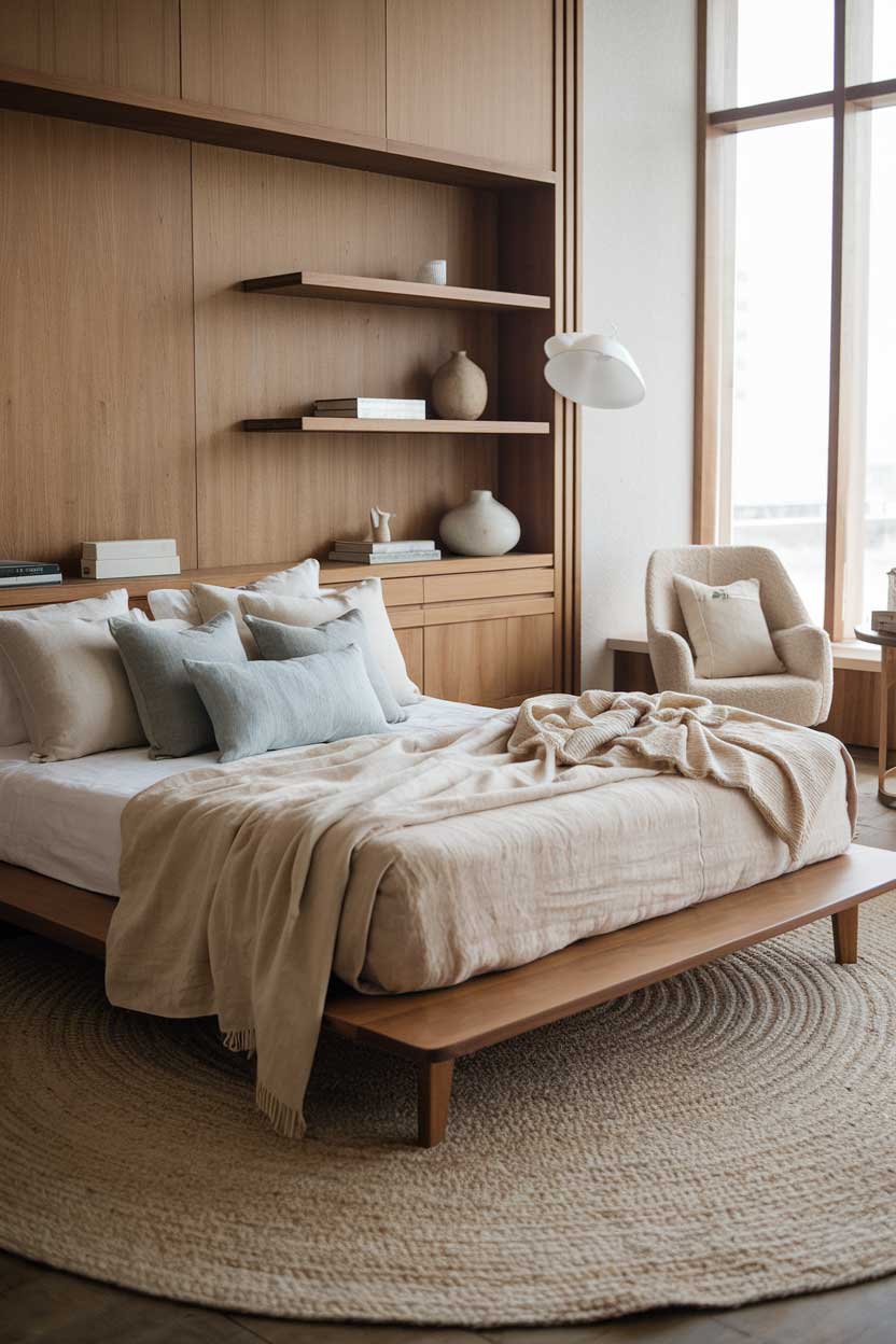 A close up of a cozy and elegant minimalist bedroom with natural textures. The room has a wooden floor and a large beige rug. There's a wooden bed frame with a beige linen sheet and a white duvet cover. The pillows on the bed are a mix of beige, white, and light blue. There's a beige blanket folded at the foot of the bed. The wall behind the bed has a wooden panel with three shelves. The shelves hold a few books, a white vase, and a decorative item. The room has a few other decorative items, including a white lamp on the wooden panel and a beige chair in the corner. The room has a large window with wooden frames, allowing natural light to fill the space.