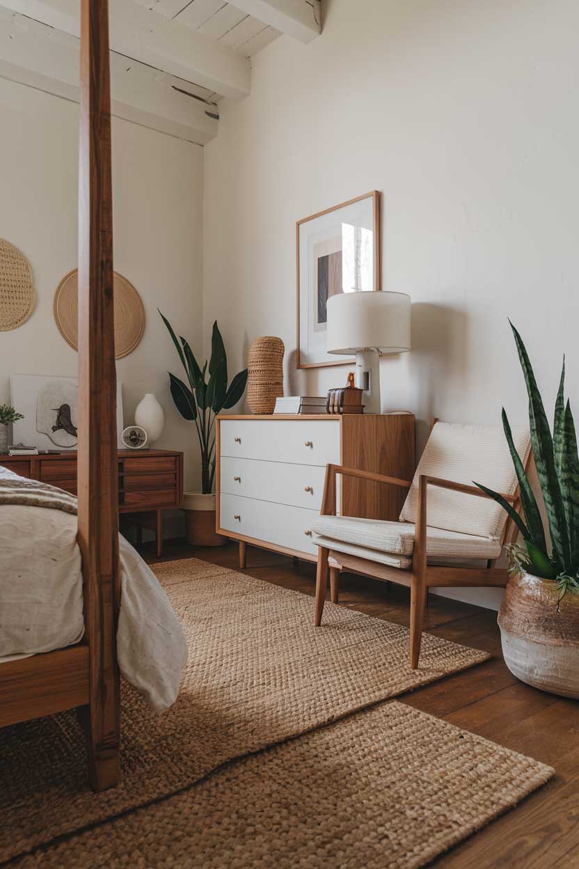 A close-up shot of a cozy and elegant minimalist bedroom with natural textures. The room has a wooden floor and a few furniture pieces, including a wooden bed frame, a white dresser, and a wooden chair. The walls are painted white. There is a woven rug on the floor. The room has a few decorative items, such as a potted plant, a lamp, and a few books.