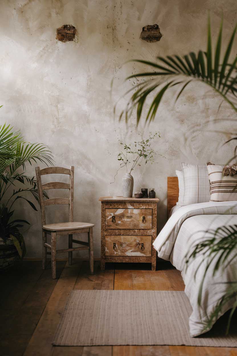 A photo of a cozy and elegant minimalist bedroom with natural textures. The room has a wooden floor and is furnished with a bed, a nightstand, and a chair. The bed has a white duvet and a few pillows. The nightstand and chair have a rustic, weathered appearance. The walls have a few small holes. There are plants in the room.