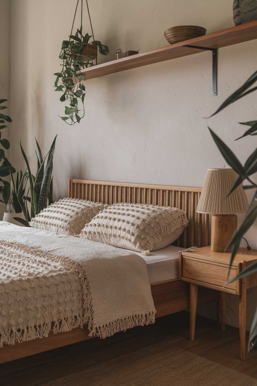 A close-up shot of a cozy and elegant minimalist bedroom with natural textures. The room has a wooden bed frame with a woven cotton duvet and pillows. There's a wooden nightstand with a lamp next to the bed. The wall has a wooden shelf with a few items. The floor is made of wood. The room has a few plants, adding to the natural texture.