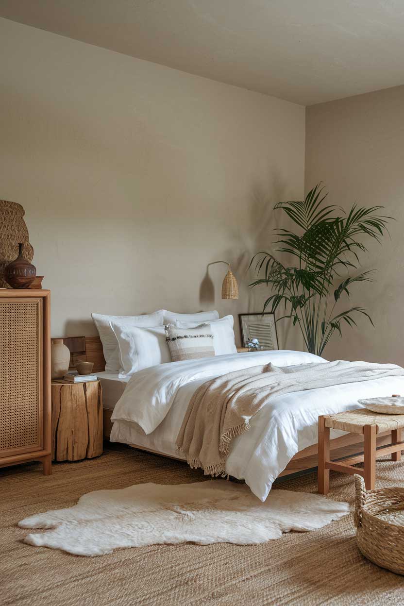 A photo of a cozy and elegant minimalist bedroom with natural textures. The room has wooden furniture, a sheepskin rug, and a woven basket. There is a white duvet cover and a few pillows on the bed. The walls are painted beige. There is a potted plant in the corner.