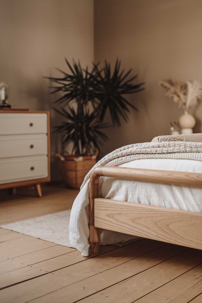 A close-up shot of an elegant minimalist bedroom with natural textures. The room has a wooden floor, a white bed with a wooden frame, and a white dresser. There's a plant in the corner. The walls are painted a muted beige color. The lighting is soft.