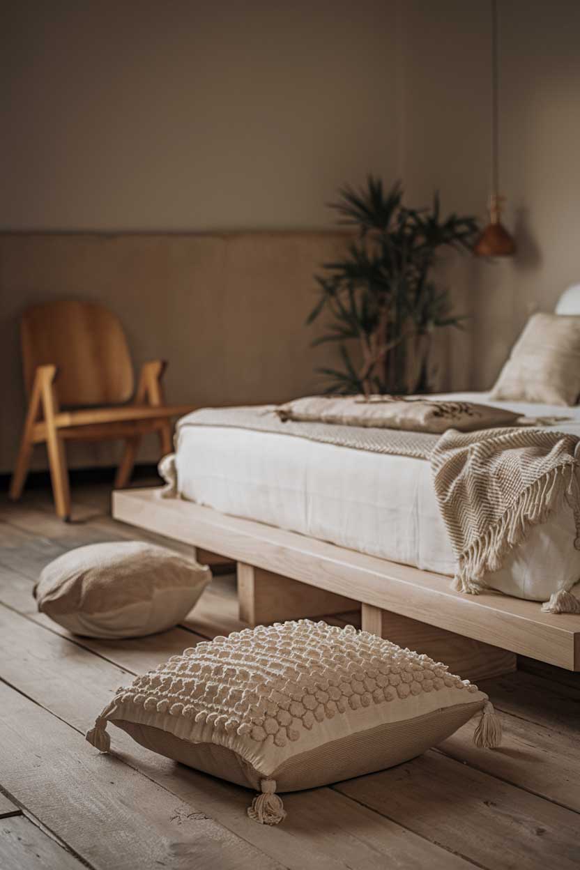  A close-up shot of an elegant minimalist bedroom with natural textures. The room has a wooden floor, a white bed frame, and a few decorative pillows. There's a wooden chair in the corner. The walls are painted in a muted hue. There's a potted plant near the bed.