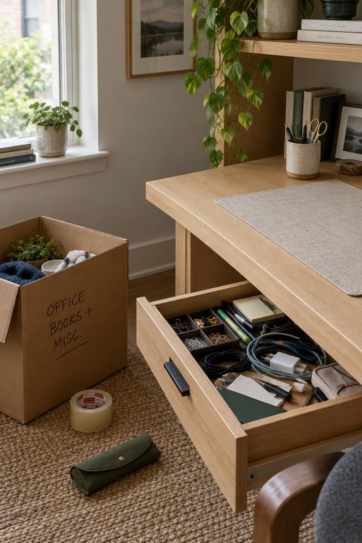 How to Approach Minimalist Decluttering Without Feeling Overwhelmed 1 A home office desk with a labeled box of sorted items on the floor and an open drawer of stationery beside a cleared wooden desktop in soft daylight.