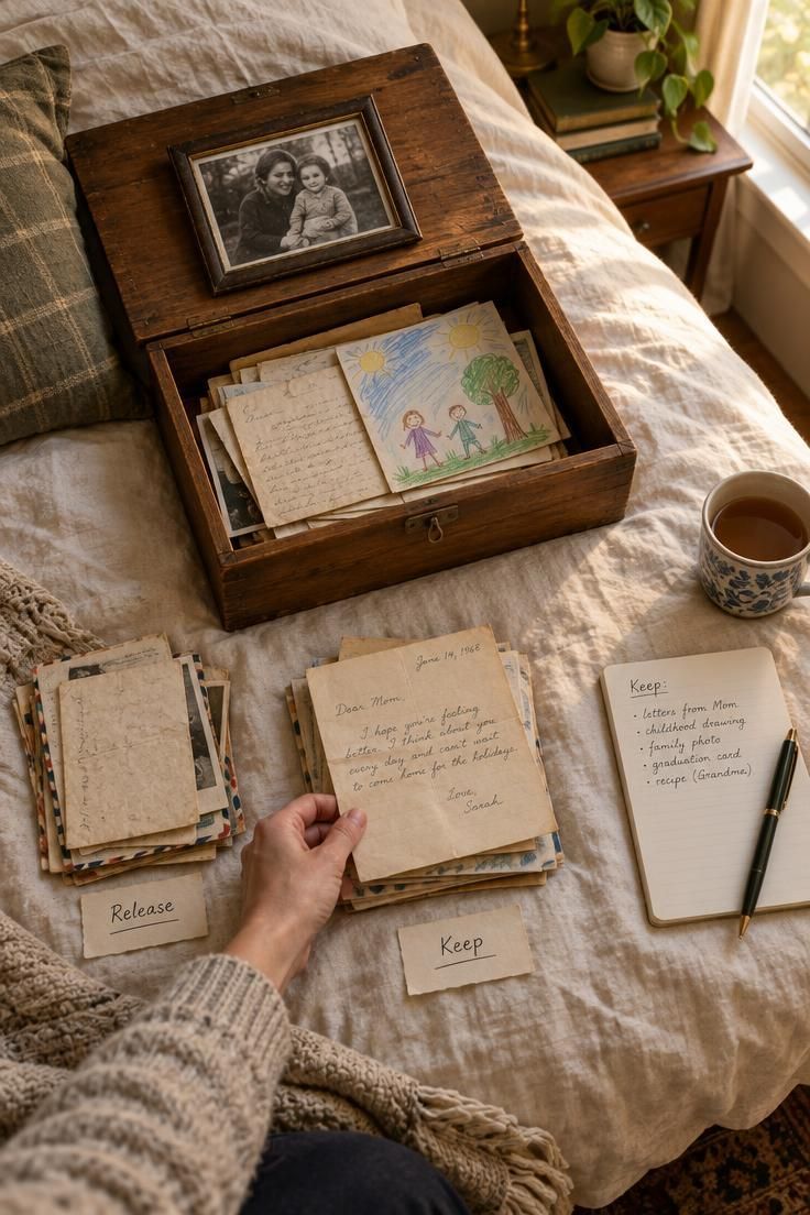 How to Approach Minimalist Decluttering Without Feeling Overwhelmed 2 An overhead view of a sentimental keepsake sorting session on a bed with an open wooden box, letters, a child's drawing, a framed photograph, and a hand placing one item into a keep pile.