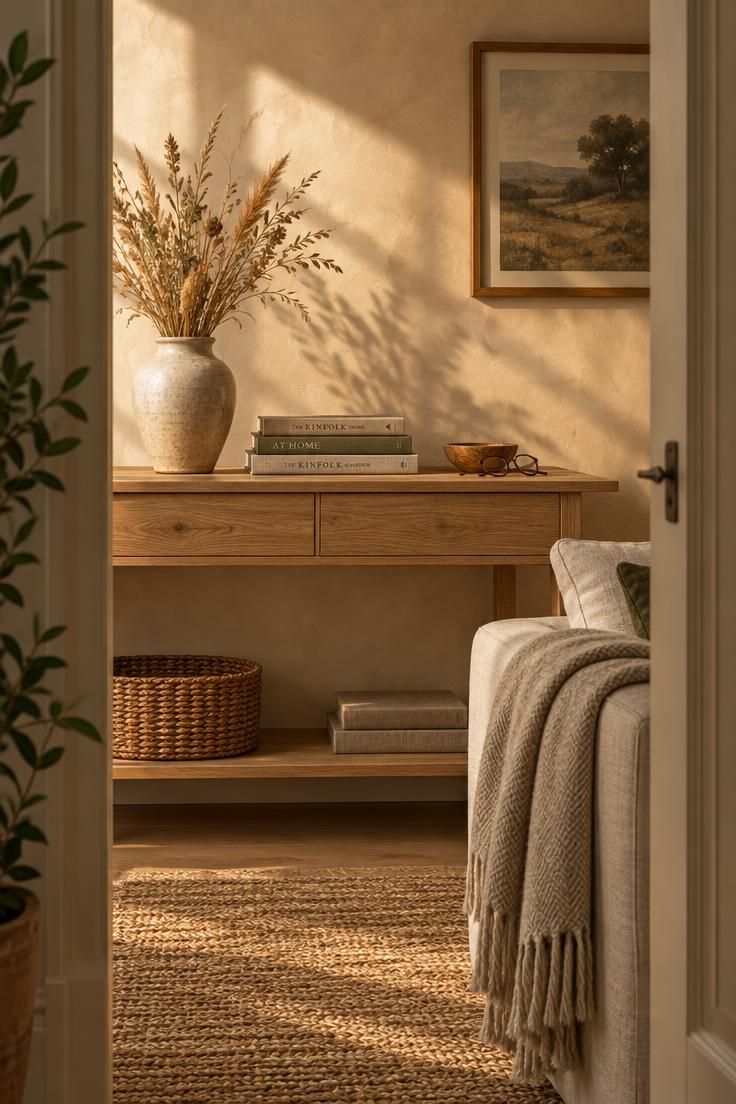 How to Approach Minimalist Decluttering Without Feeling Overwhelmed 3 A doorway view of a living room with a light wood console table, a ceramic vase of dried grasses, and a wool throw over a linen sofa in warm afternoon light.