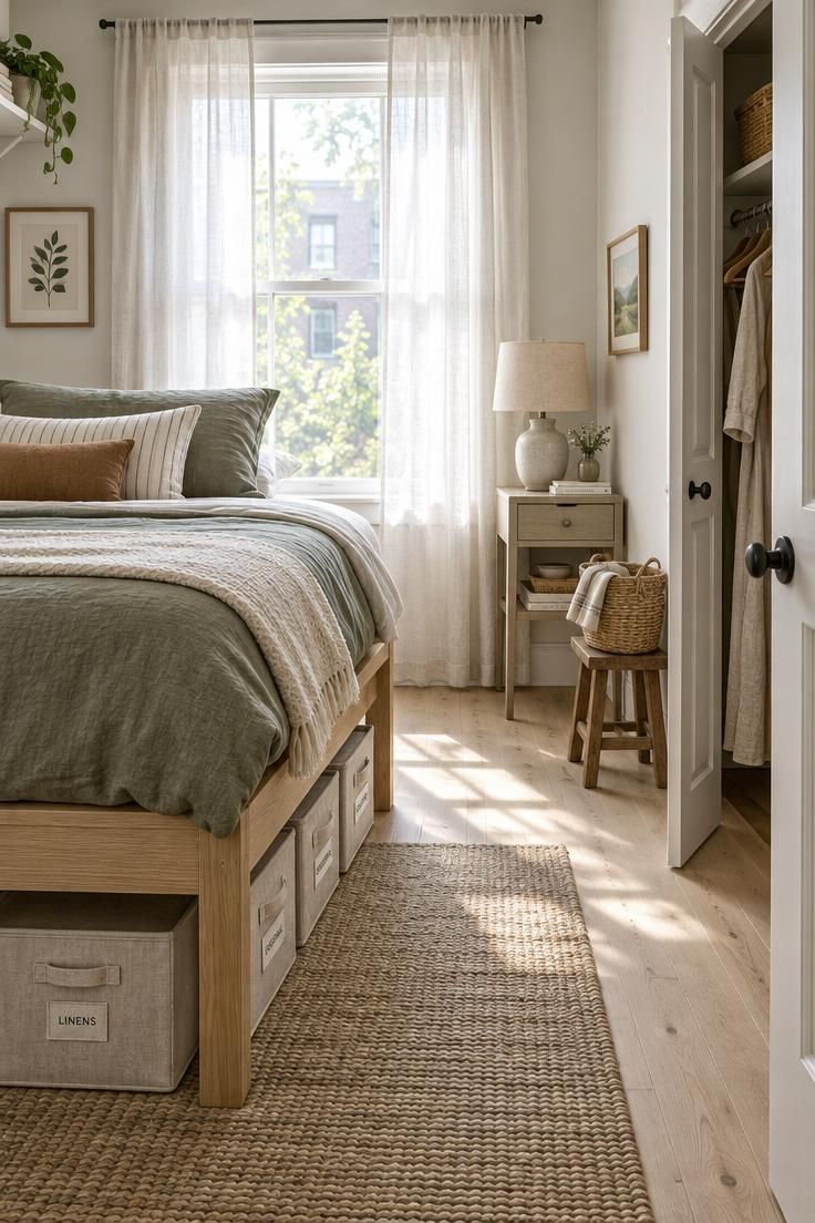 How to Approach Minimalist Decluttering Without Feeling Overwhelmed 4 A bright small bedroom with labeled under-bed storage boxes, an open closet of slimline hangers, and a woven basket beside a raised wood-framed bed.