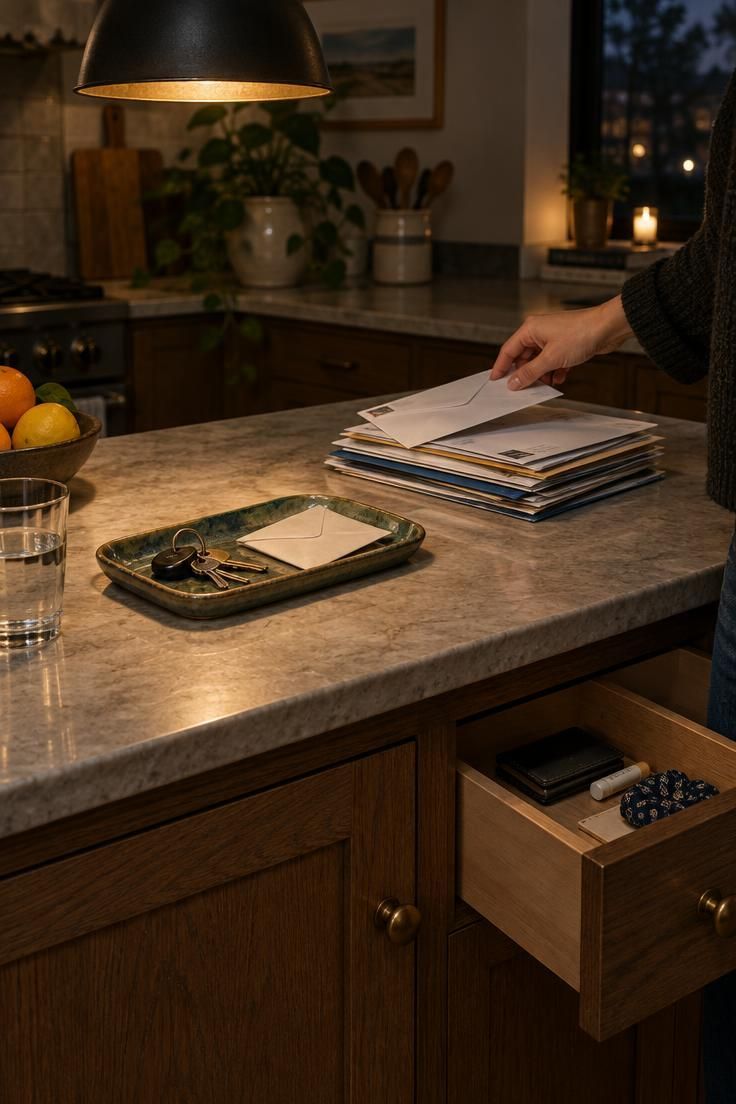 How to Approach Minimalist Decluttering Without Feeling Overwhelmed 5 An evening kitchen counter close-up during a clutter maintenance routine, with a hand sorting a short stack of mail beside a ceramic key tray and an open drawer waiting for items.