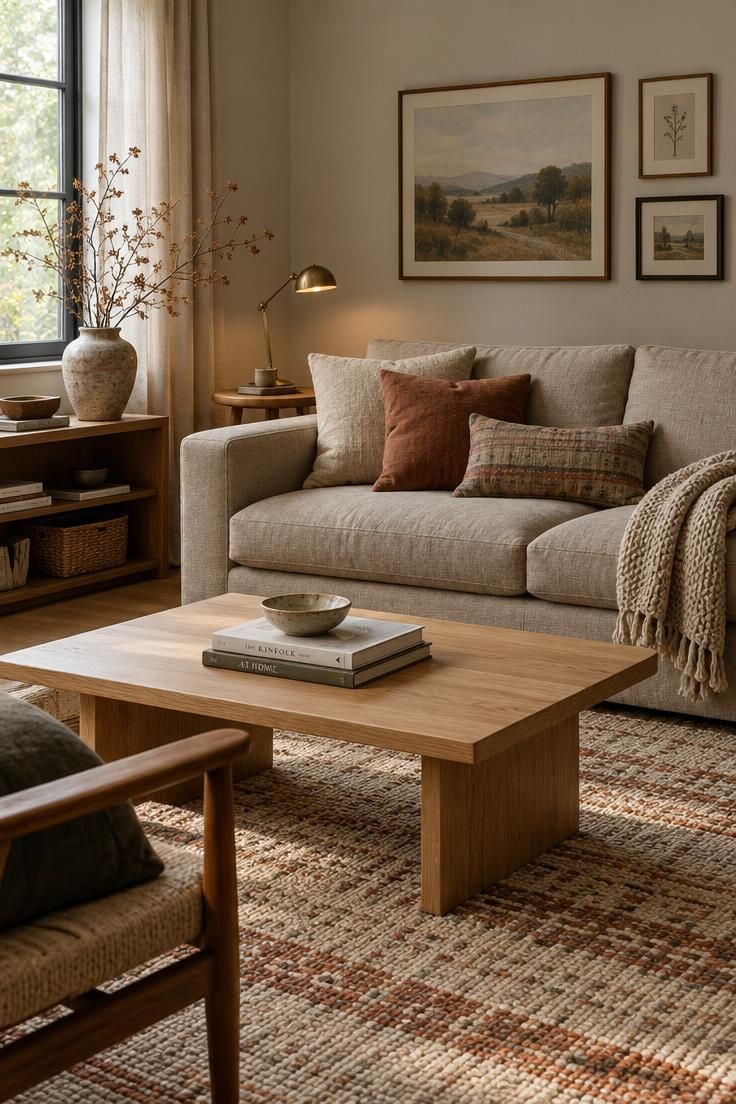 Simple Spaces 22 A calm small living room with a low linen sofa, light wood coffee table with books and a ceramic bowl, and a textured wool rug in soft daylight.