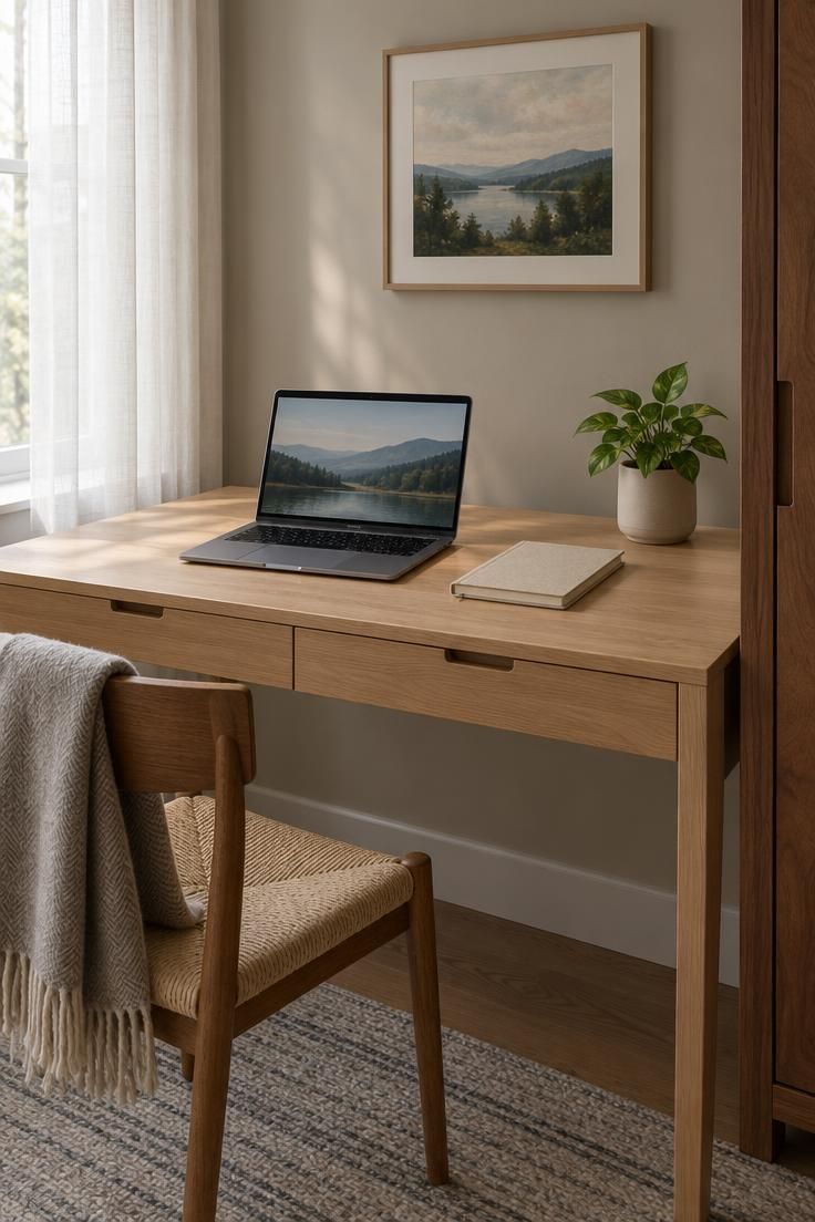 A light oak home office desk with an edited surface holding only a laptop, a closed linen notebook, and a small potted plant, the area around them visibly clear of loose papers, pens, and cables, with closed drawers below and a walnut cabinet at the frame edge, lit by soft diffused window light.