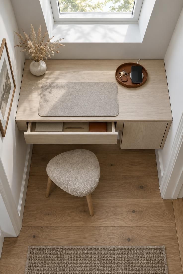 An overhead view of a floating ash desk with one open drawer, a narrow closed cabinet, and a leather tray holding keys and a phone in bright midday light.