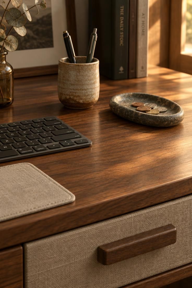 A close view of a walnut desk with a slim keyboard, a ceramic cup holding two pens, and an oval stone tray, lit by warm golden light from the right.