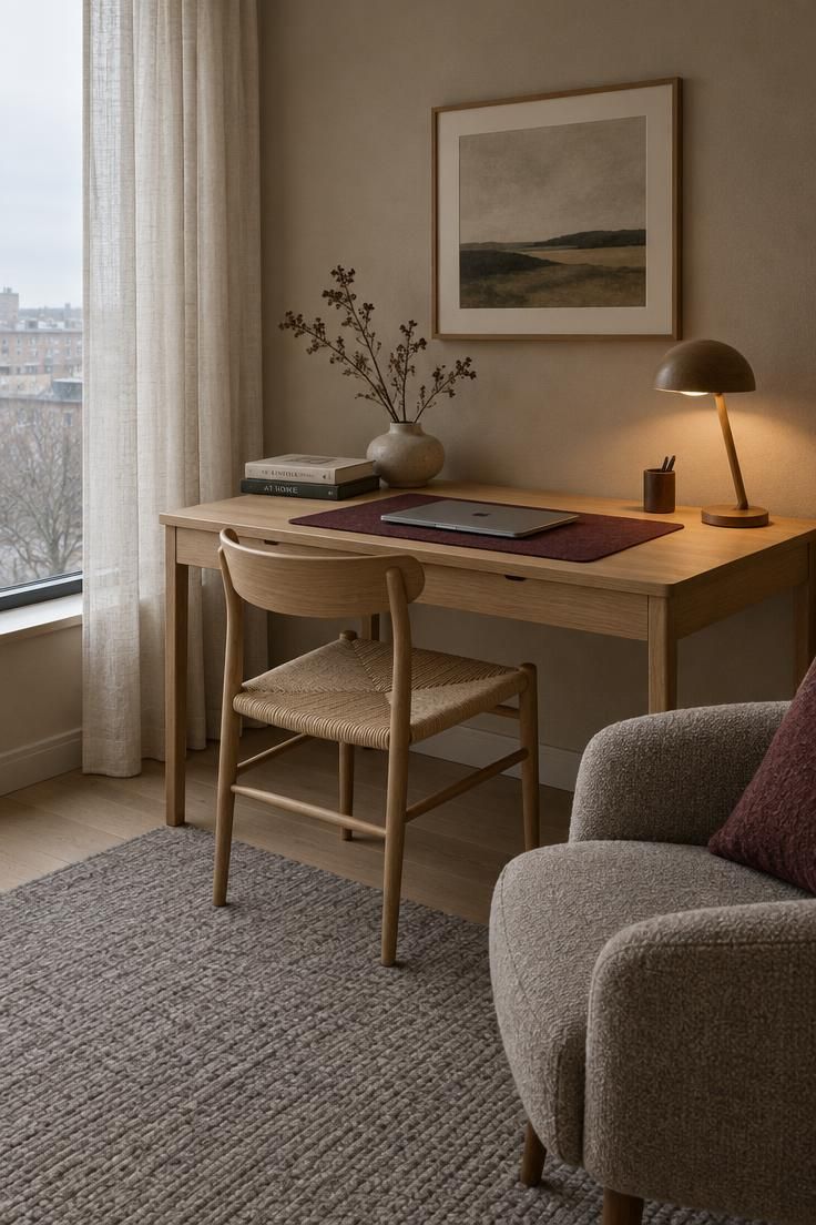A wide view of a small home office corner with a light oak desk, a sheer curtain, and a burgundy desk mat under a closed laptop against a muted sand wall.