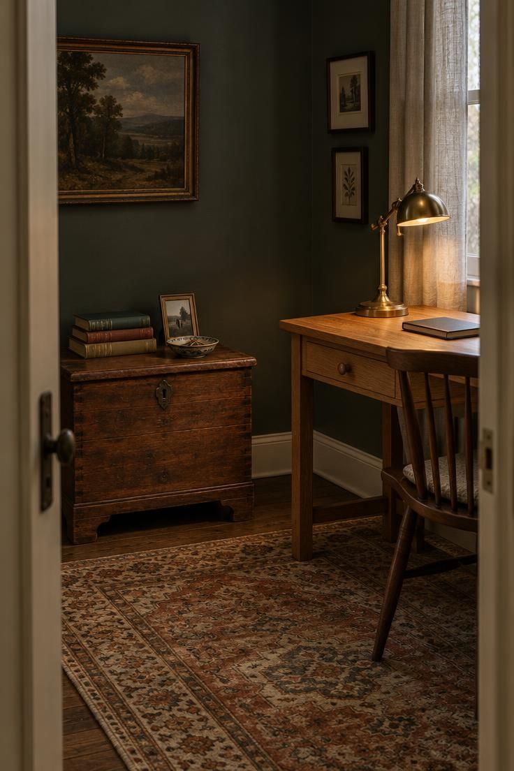 A small lidded wooden chest beside an oak desk holding books and a framed photo, with a lamp and closed notebook on the desk in moody low light.