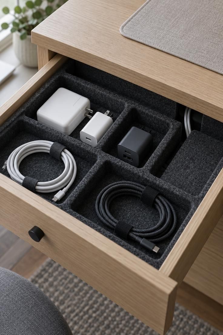 An open shallow desk drawer with a charcoal felt insert holding chargers, an adapter, and tidy coiled cables, lit by soft diffused daylight.