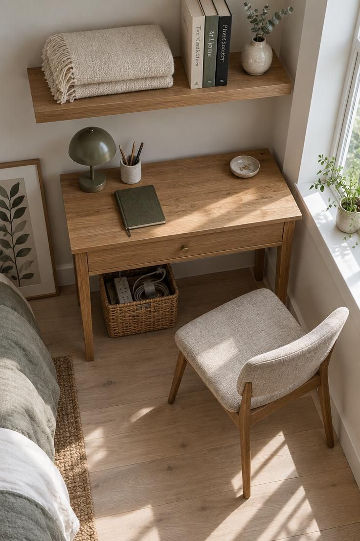 An overhead view of a narrow oak bedroom desk with a single drawer, a shelf above holding a blanket and books, and a rattan basket below in bright midday light.