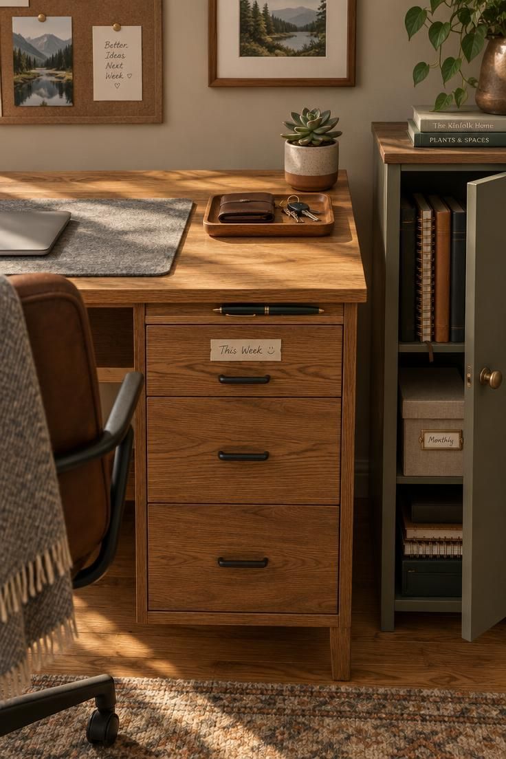 A desk zoned by reach, with a wooden tray holding a wallet and keys for daily use, a pen on the closed weekly drawer, and an open cabinet beside it showing stacked notebooks and a labelled monthly storage box in warm golden light.