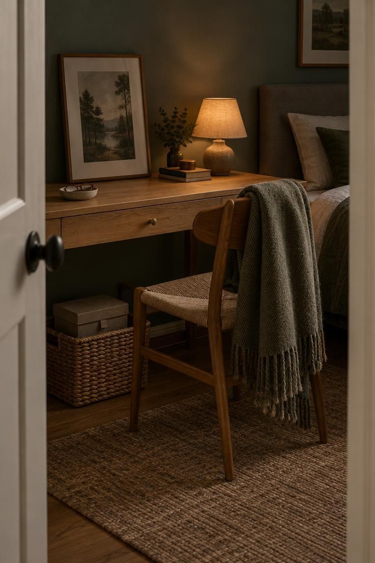 A small bedroom corner with a light oak desk, a woven basket holding a lidded box beneath it, and a framed print leaning on the desk in moody low light.
