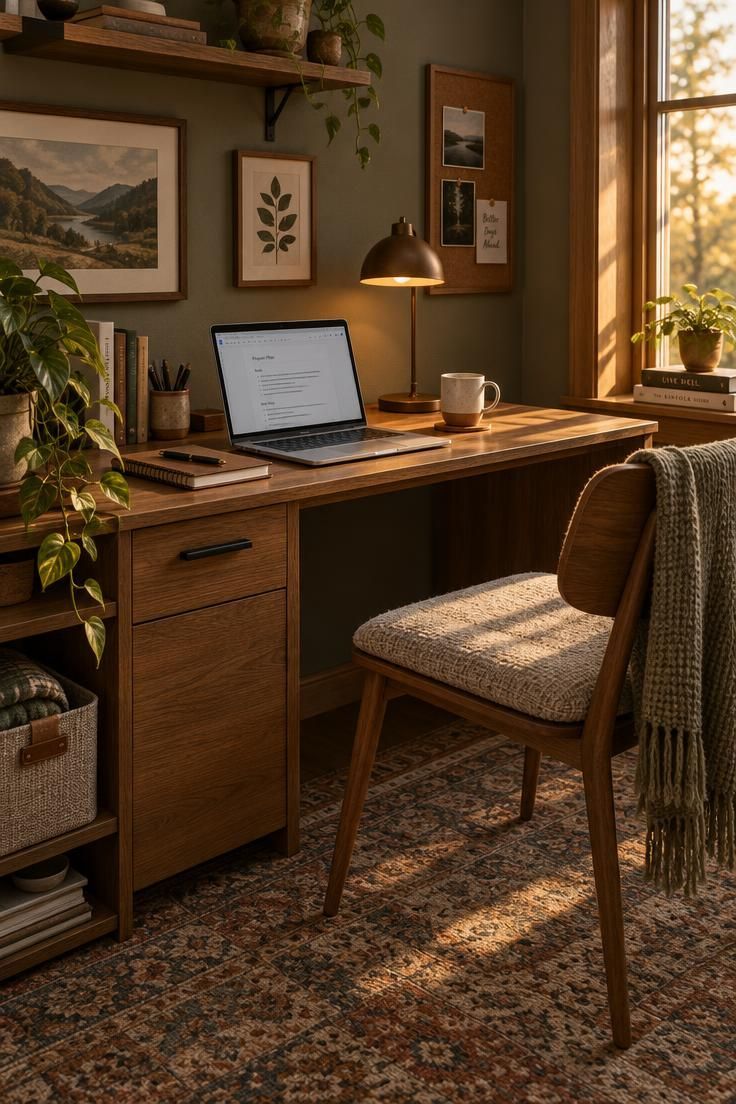 A home office desk in late afternoon light with an open laptop, a task lamp, and a plant, a closed drawer below and a fabric bin on a nearby shelf.