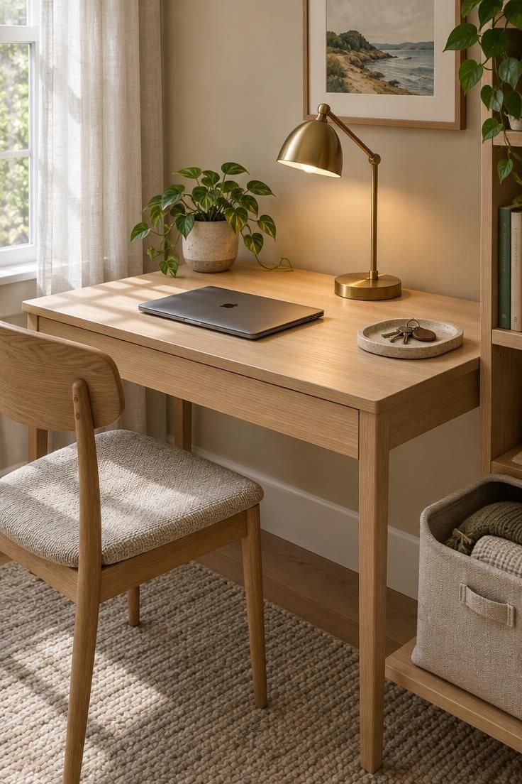 Simple Spaces 25 A light wood desk in a home office corner with a closed laptop, brass lamp, plant, and stone tray holding keys, with a closed drawer below and a fabric bin on a nearby shelf in soft daylight.