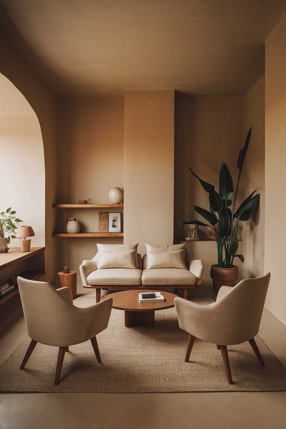 A cozy minimalist living room with earth tones. There is a beige sofa with two cushions and a wooden coffee table in the center of the room. There are two beige chairs with wooden legs placed near the sofa. The walls are painted in a warm beige color. There is a large potted plant near the window. The floor is covered with a beige rug. There is a wooden shelf near the window with a few decorative items. The room has a few personal items such as a photo frame and a lamp. The lighting is soft.