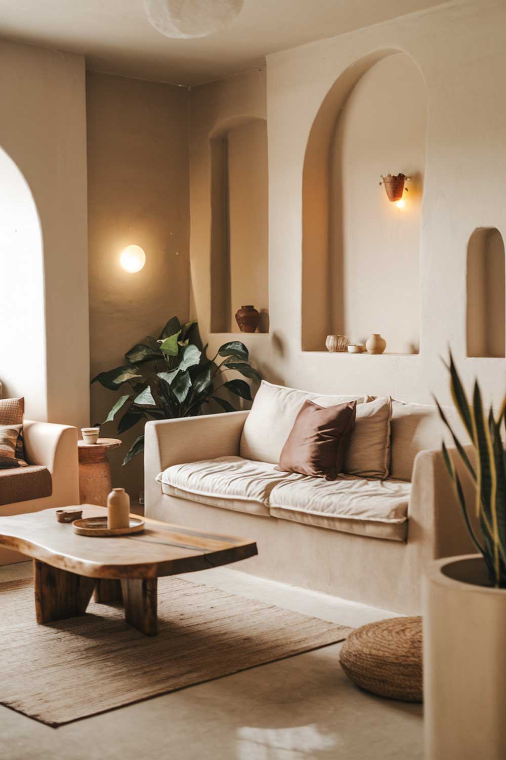 A cozy minimalist living room. The room has earthy tones and is decorated with a few pieces of furniture. There's a beige sofa with a few pillows in a darker shade. There's a wooden coffee table in the middle of the room. There's a potted plant near the sofa. The walls are painted in a light beige color. There's a rug on the floor. The lighting is warm.