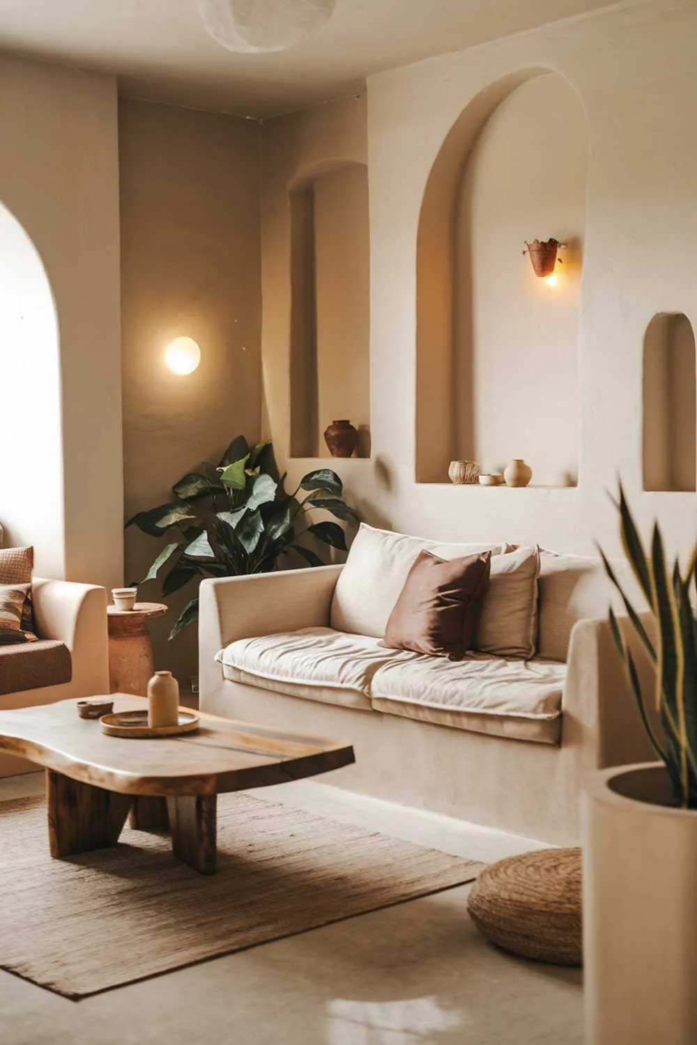 25 Inspiring Minimalist Living Room Ideas with Earth Tones 2 A cozy minimalist living room. The room has earthy tones and is decorated with a few pieces of furniture. There's a beige sofa with a few pillows in a darker shade. There's a wooden coffee table in the middle of the room. There's a potted plant near the sofa. The walls are painted in a light beige color. There's a rug on the floor. The lighting is warm.