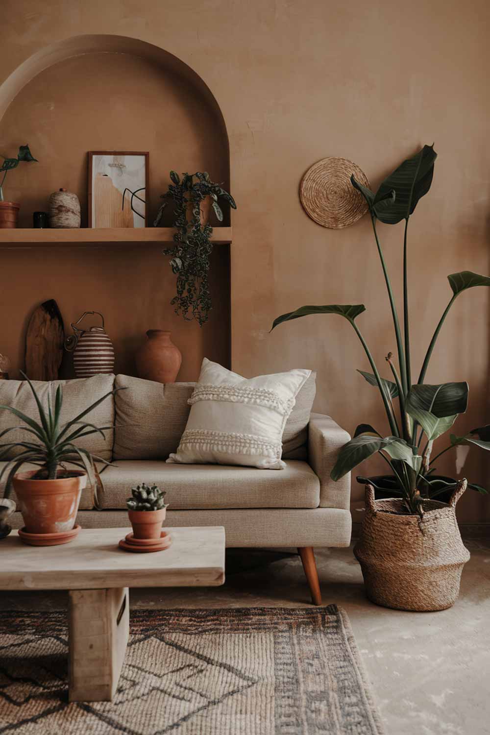 A cozy minimalist living room with earth tones. There's a beige sofa with a few cushions, a few potted plants, a wooden coffee table, and a rug. In the background, there's a shelf with some decorative items and a large potted plant. The walls are painted in a warm, earthy hue.