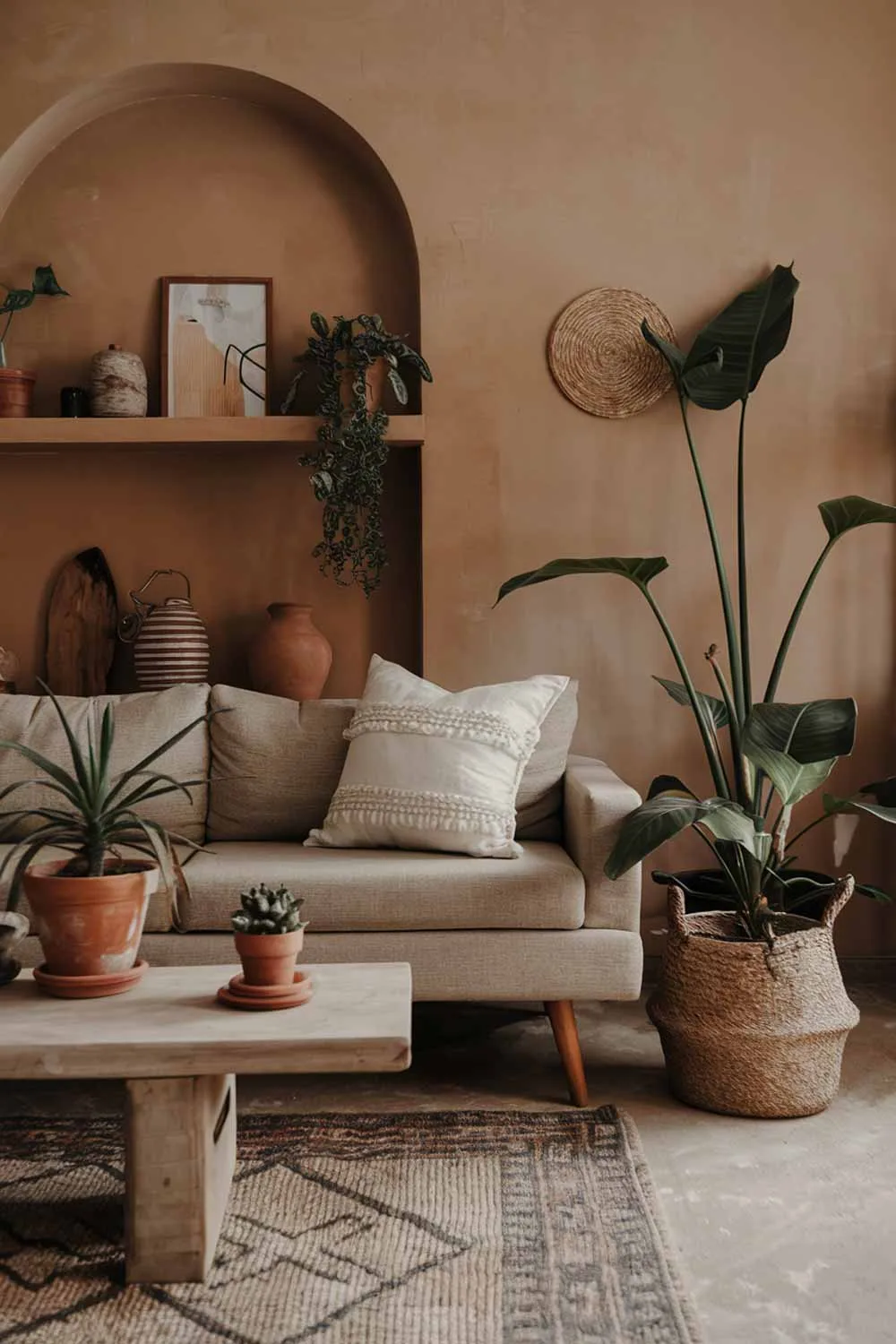 25 Inspiring Minimalist Living Room Ideas with Earth Tones 4 A cozy minimalist living room with earth tones. There's a beige sofa with a few cushions, a few potted plants, a wooden coffee table, and a rug. In the background, there's a shelf with some decorative items and a large potted plant. The walls are painted in a warm, earthy hue.