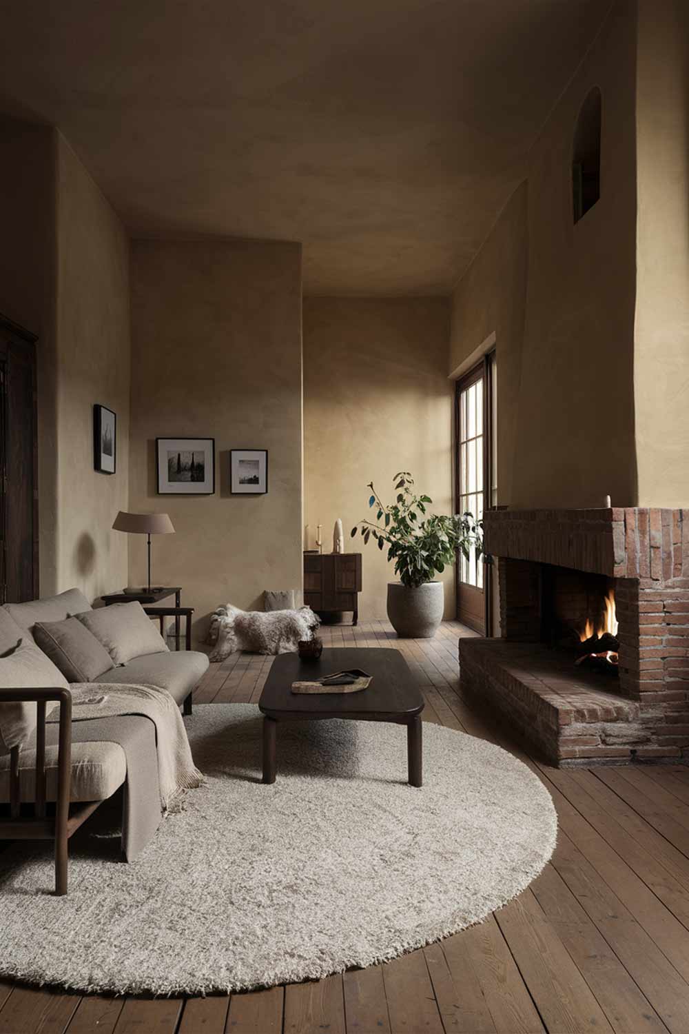 A beautifully designed minimalist living room with a warm and cozy atmosphere. The earth-toned color palette features a beige sofa with soft cushions, a dark wooden coffee table, and a large brick fireplace with a crackling fire. The walls are adorned with simple, framed black-and-white photographs. A large, round, white rug covers the wooden floor, and a potted green plant adds a touch of nature. The room is filled with natural light from large floor-to-ceiling windows, creating a serene and inviting space.