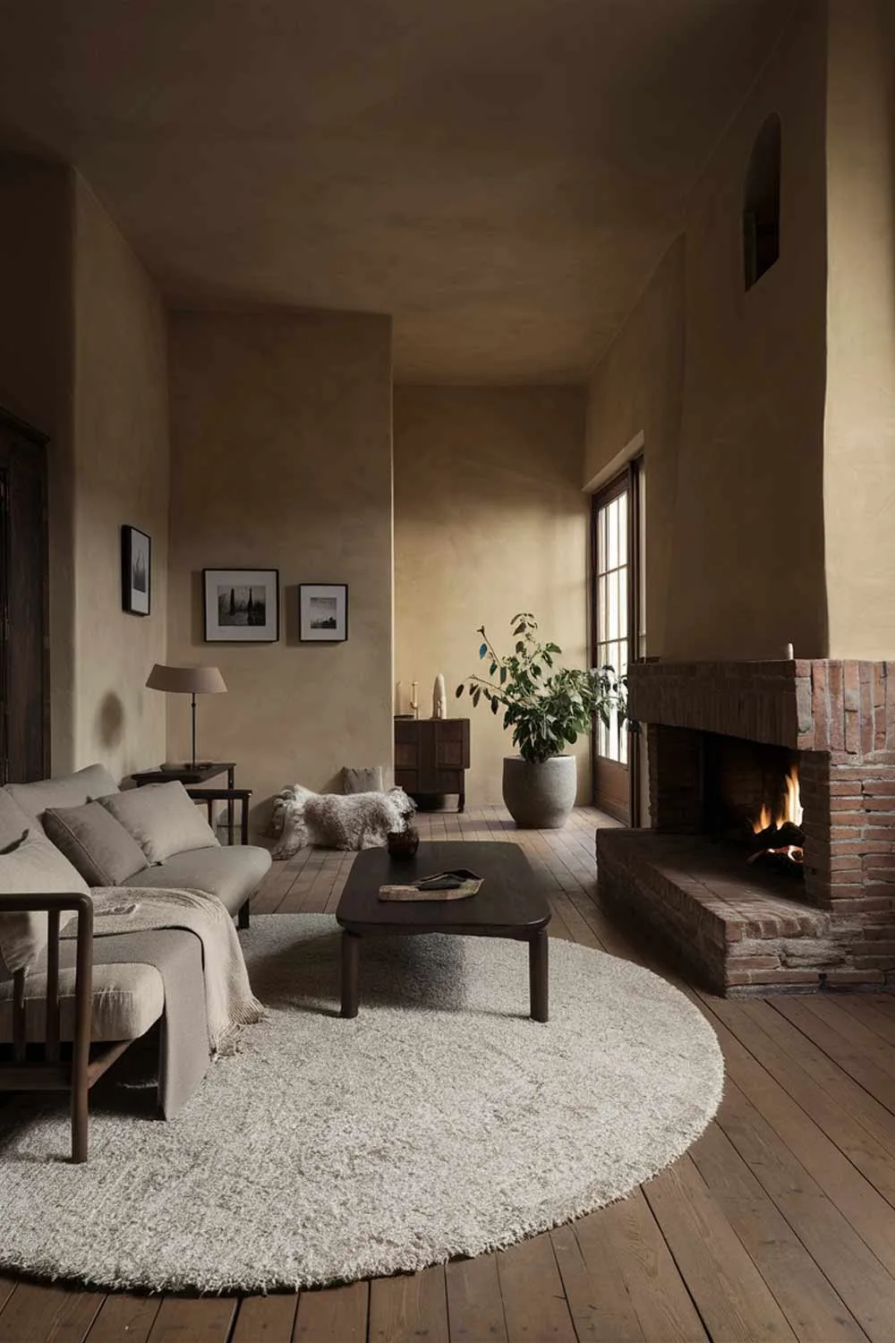25 Inspiring Minimalist Living Room Ideas with Earth Tones 5 A beautifully designed minimalist living room with a warm and cozy atmosphere. The earth-toned color palette features a beige sofa with soft cushions, a dark wooden coffee table, and a large brick fireplace with a crackling fire. The walls are adorned with simple, framed black-and-white photographs. A large, round, white rug covers the wooden floor, and a potted green plant adds a touch of nature. The room is filled with natural light from large floor-to-ceiling windows, creating a serene and inviting space.