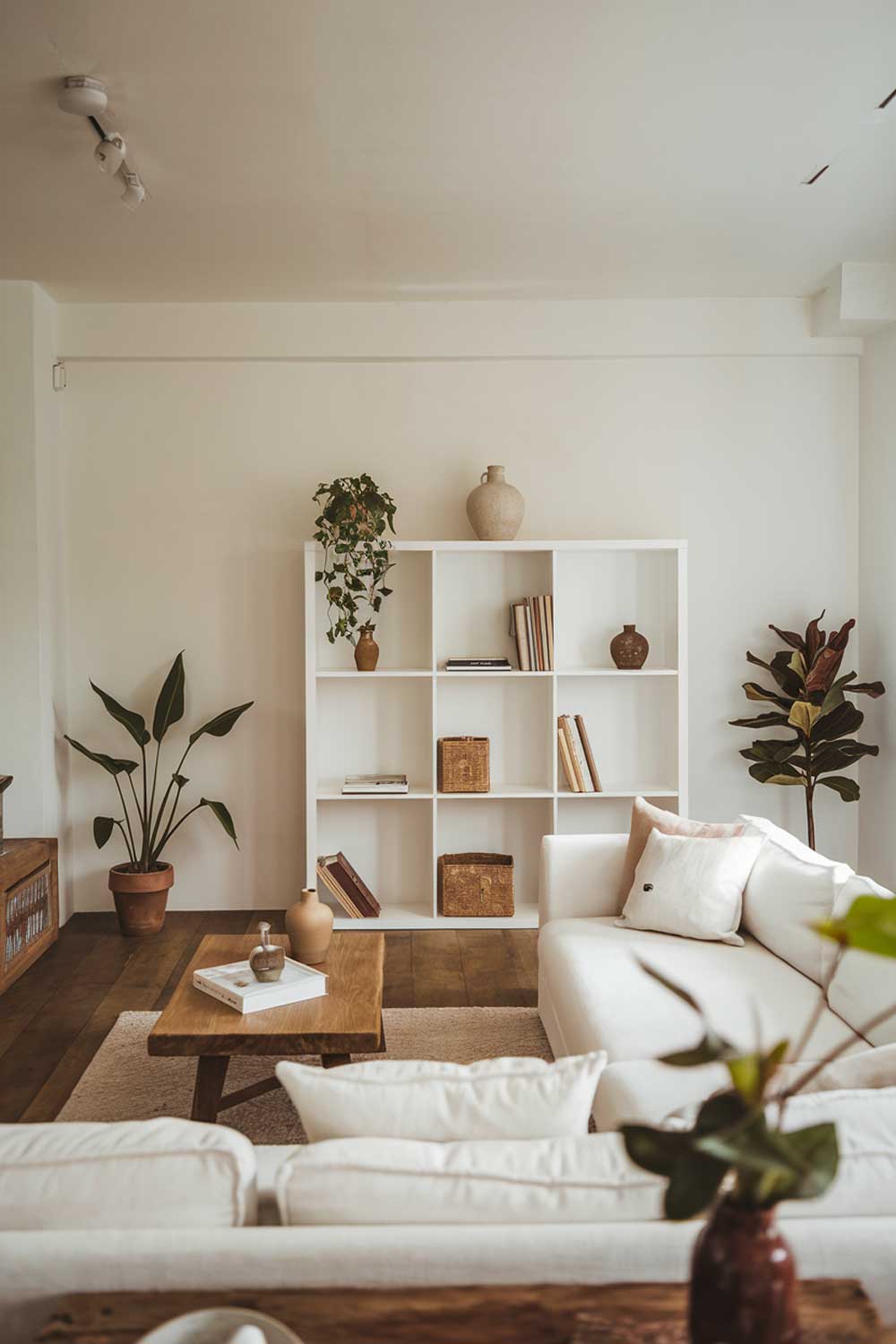 A cozy white minimalist living room with earth tones. The room has a few pieces of furniture, including a white sofa, a wooden coffee table, and a white bookshelf. There are also a few plants in the room. The walls and the ceiling are white. The floor is made of wood. There are a few decorative items in the room, such as a vase and a few books. The lighting in the room is soft.