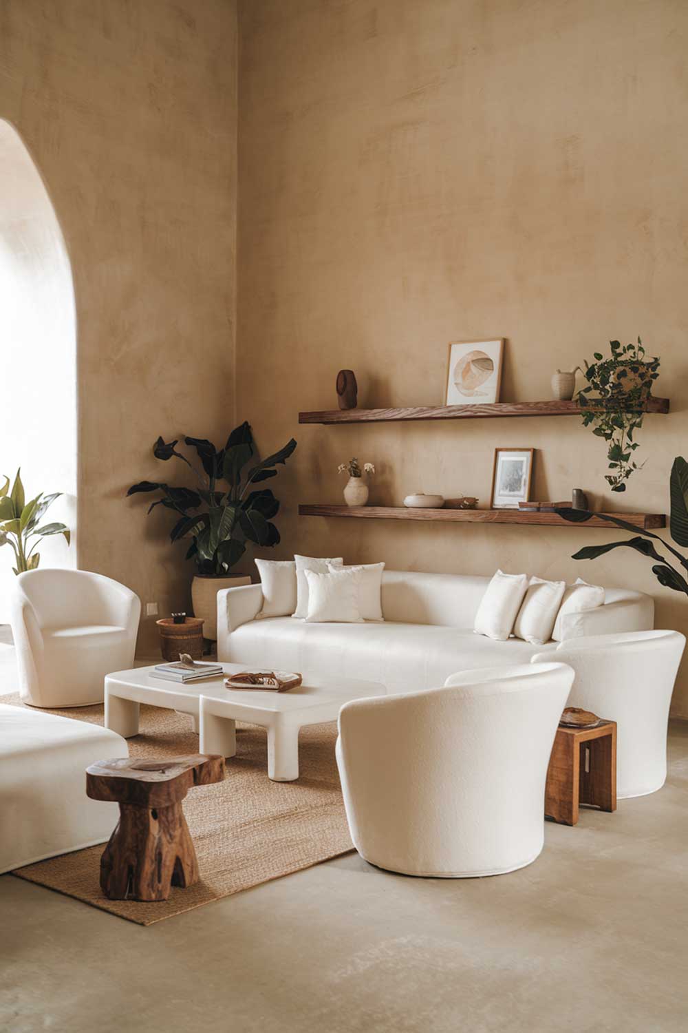 A cozy white minimalist living room with earth tones. The room has a large white sofa, a few smaller white chairs, and a white coffee table. There are a few wooden elements, including a shelf and a stool. The walls are painted in a warm beige tone. There are a few plants in the room. The floor is covered with a beige rug.