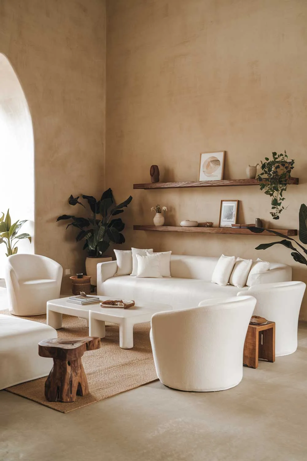 25 Inspiring Minimalist Living Room Ideas with Earth Tones 7 A cozy white minimalist living room with earth tones. The room has a large white sofa, a few smaller white chairs, and a white coffee table. There are a few wooden elements, including a shelf and a stool. The walls are painted in a warm beige tone. There are a few plants in the room. The floor is covered with a beige rug.