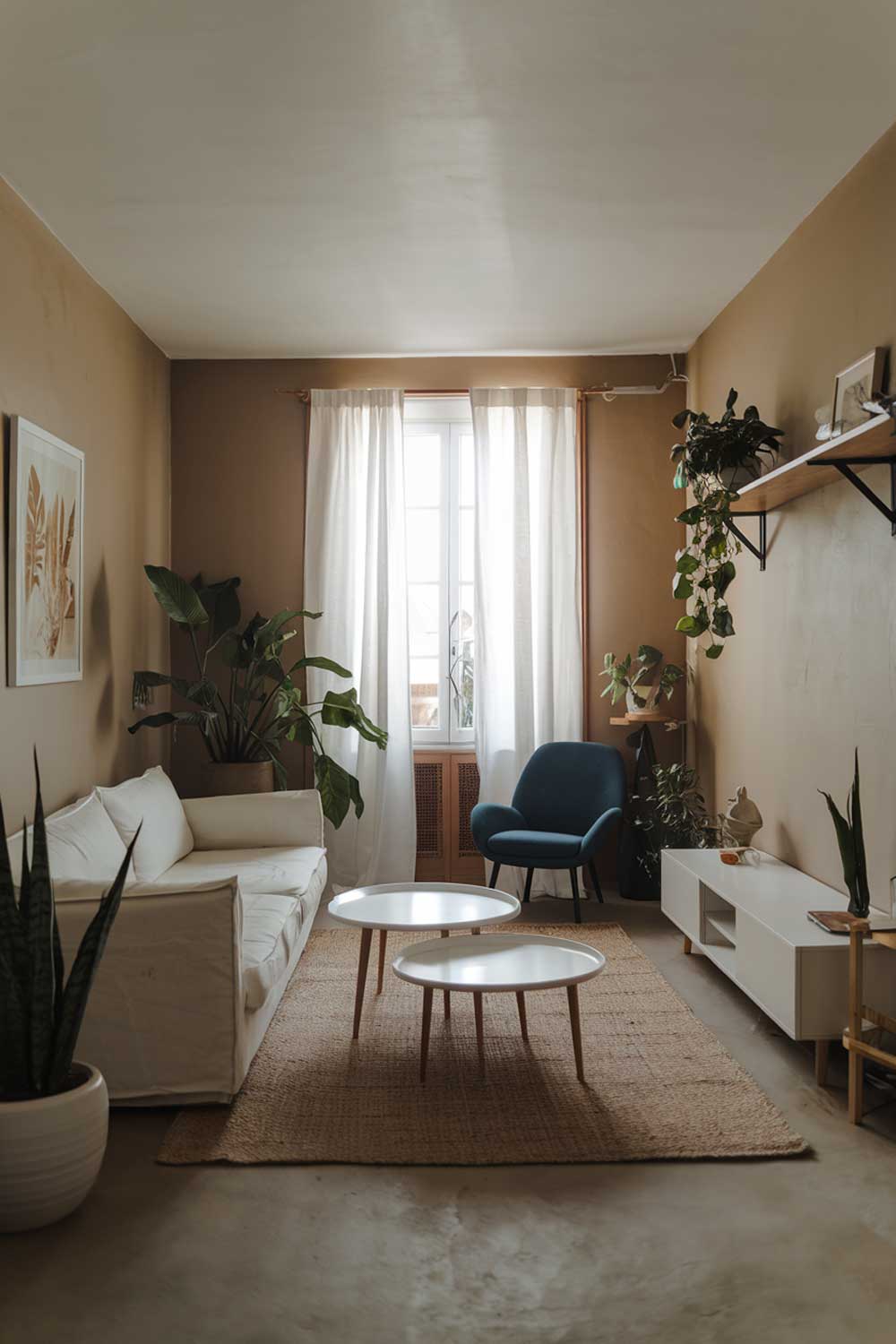 A cozy white minimalist living room with earth tones. The room has a white sofa, a few white coffee tables, and a white TV stand. There is a beige rug on the floor. The walls have a beige tint. A wooden shelf holds a few items, including a green plant. A blue chair is placed near the window. The window has white curtains. There are a few indoor plants in the room, one in a white pot on the floor and another on the wooden shelf.