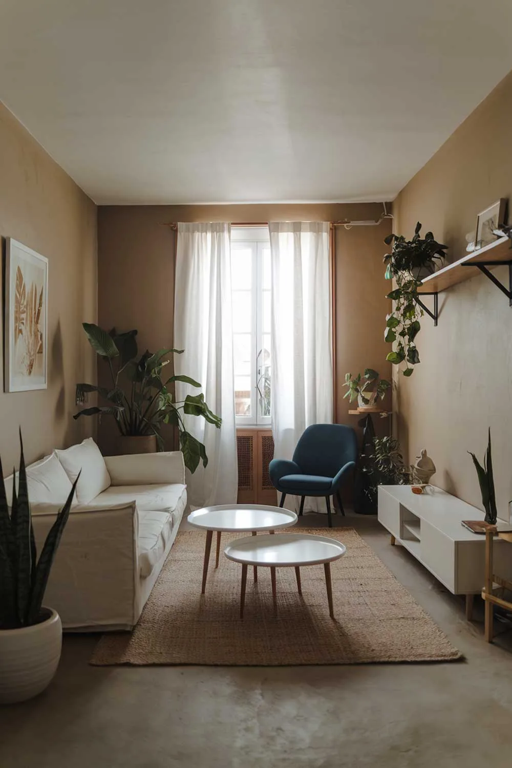 25 Inspiring Minimalist Living Room Ideas with Earth Tones 9 A cozy white minimalist living room with earth tones. The room has a white sofa, a few white coffee tables, and a white TV stand. There is a beige rug on the floor. The walls have a beige tint. A wooden shelf holds a few items, including a green plant. A blue chair is placed near the window. The window has white curtains. There are a few indoor plants in the room, one in a white pot on the floor and another on the wooden shelf.