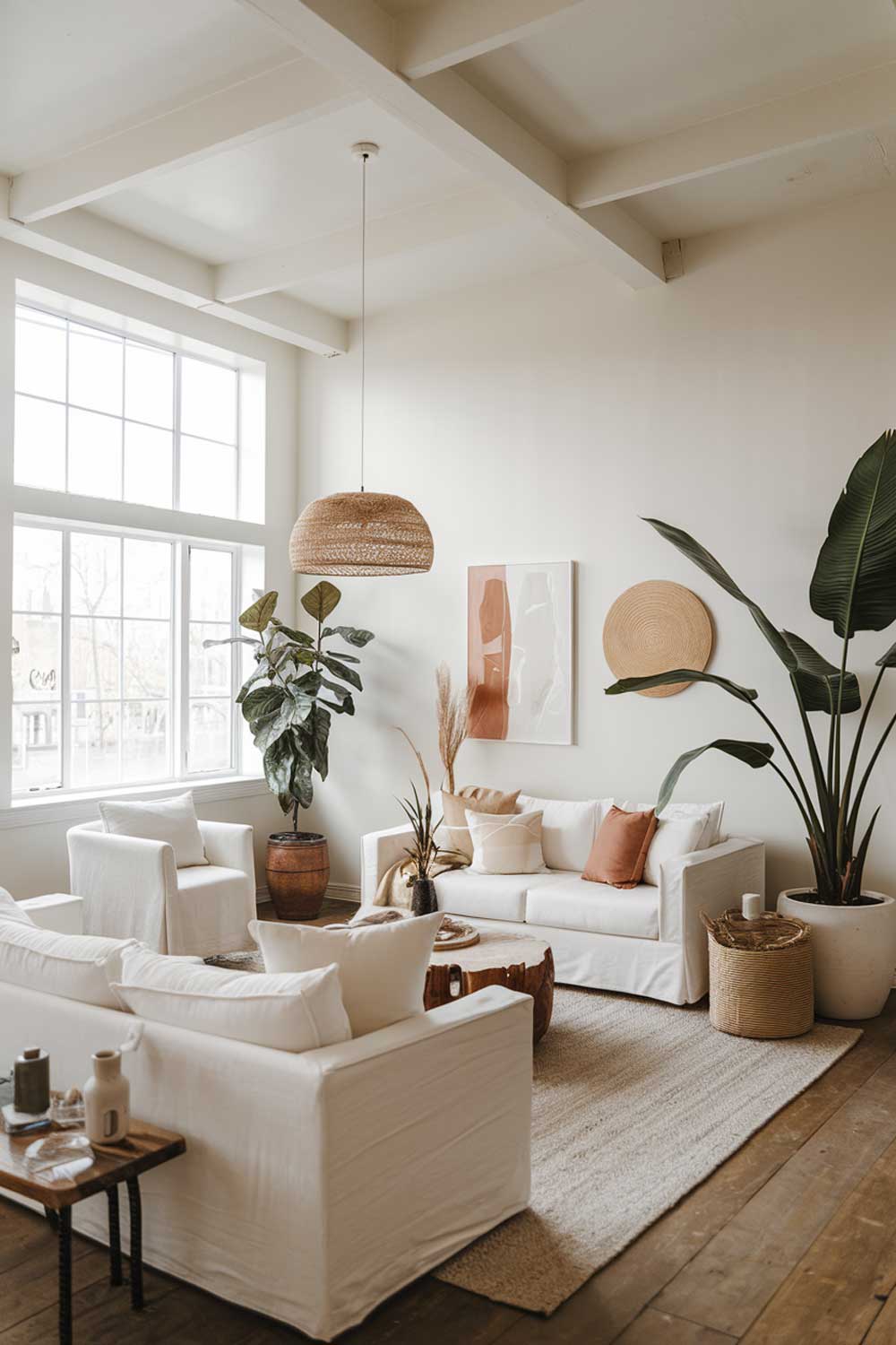 A cozy white minimalist living room with earth tones. The room has a white sofa, a few white furniture pieces, and a large plant. There are also a few decorative items. The walls and the ceiling are white. The floor is made of wood. There are large windows letting in natural light.