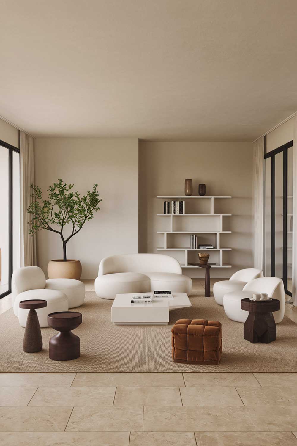 A modern white minimalist living room with earth tones. The room features a white sofa, a few white chairs, and a white coffee table. There are also two white bookshelves. The walls are painted beige. The floor is made of beige tiles. A potted plant with green leaves and a few decorative objects with earth tone colors - a beige rug, a dark brown wooden stool, a dark brown wooden side table, and a few dark brown decorative items. The room has large windows with white curtains.