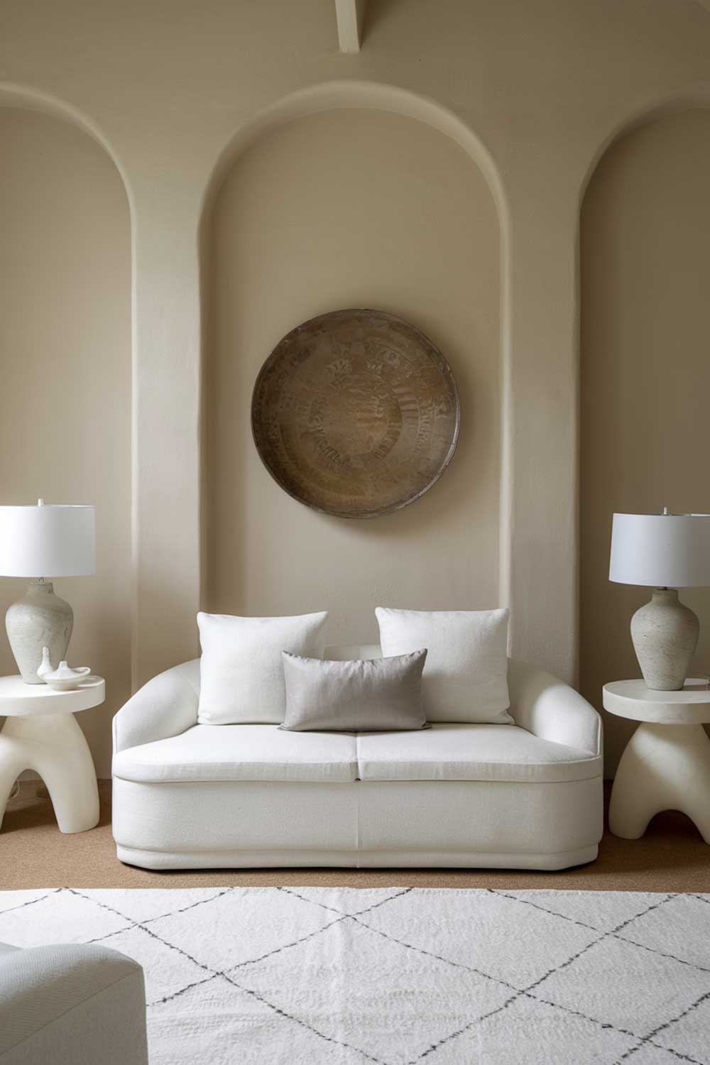 A modern white minimalist living room with earth tones. There is a white couch with two white pillows and a grey pillow in the middle of the room. There are two white side tables with a white lamp and a grey vase. There is a white rug in front of the couch. The walls are painted beige.