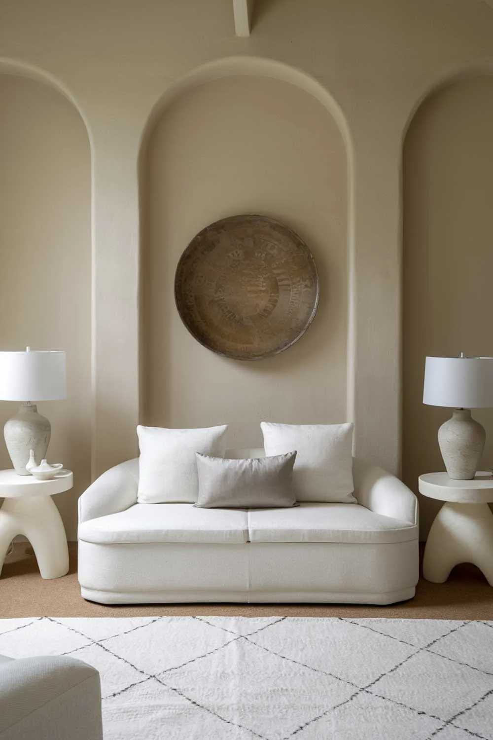 25 Inspiring Minimalist Living Room Ideas with Earth Tones 12 A modern white minimalist living room with earth tones. There is a white couch with two white pillows and a grey pillow in the middle of the room. There are two white side tables with a white lamp and a grey vase. There is a white rug in front of the couch. The walls are painted beige.
