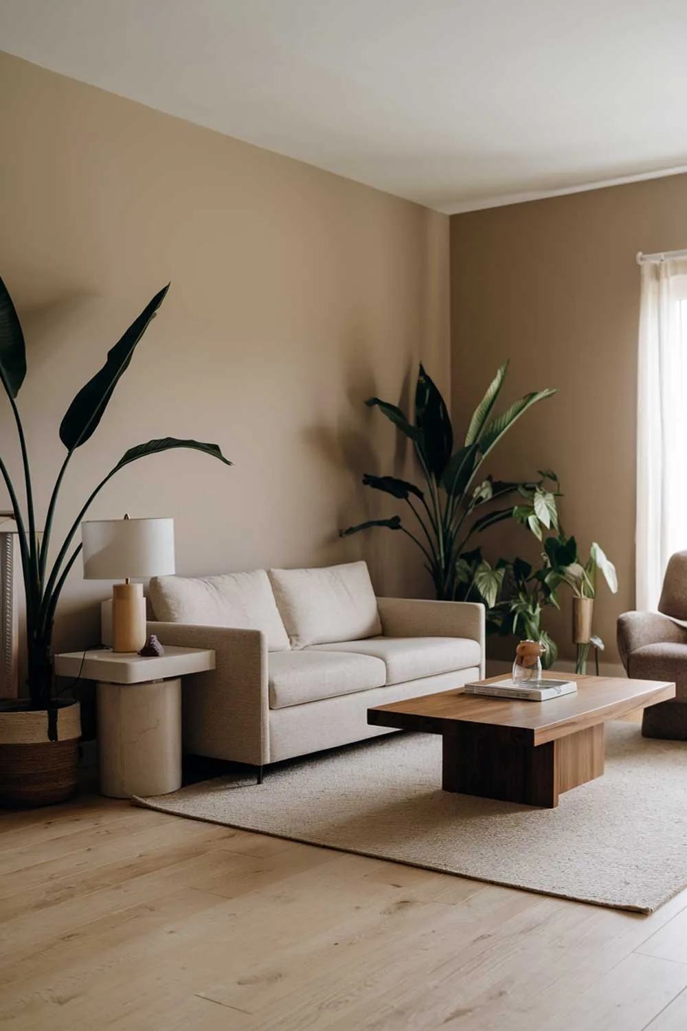 25 Inspiring Minimalist Living Room Ideas with Earth Tones 14 A modern minimalist living room with earthy tones. The room has a beige sofa, a few green plants, and a wooden coffee table. There is a white side table with a lamp next to the sofa. The walls are painted beige. The floor is made of light wooden planks.