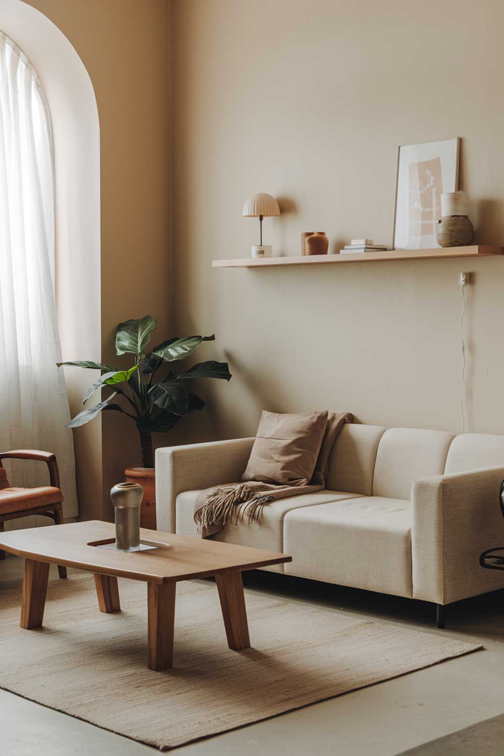 A modern minimalist living room with earth tones. The room has a beige sofa with a few throw pillows. There's a wooden coffee table in the middle of the room. A potted plant is placed near the window. The walls are painted in a light beige color. There's a rug in front of the sofa. A few items are placed on the wall shelf, including a lamp and a few decorative objects.