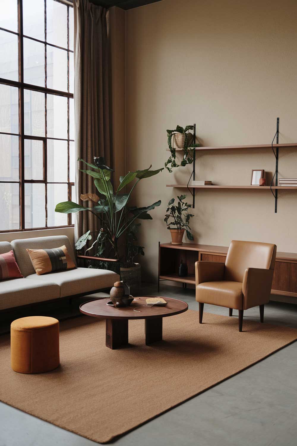 A japandi minimalist living room with earth tones. The room has a beige sofa with a few cushions, a tan armchair, a low wooden coffee table, and a few plants. There's a wooden shelf with a few items. The walls are beige, and there's a tan rug on the floor. The room has large windows with curtains.