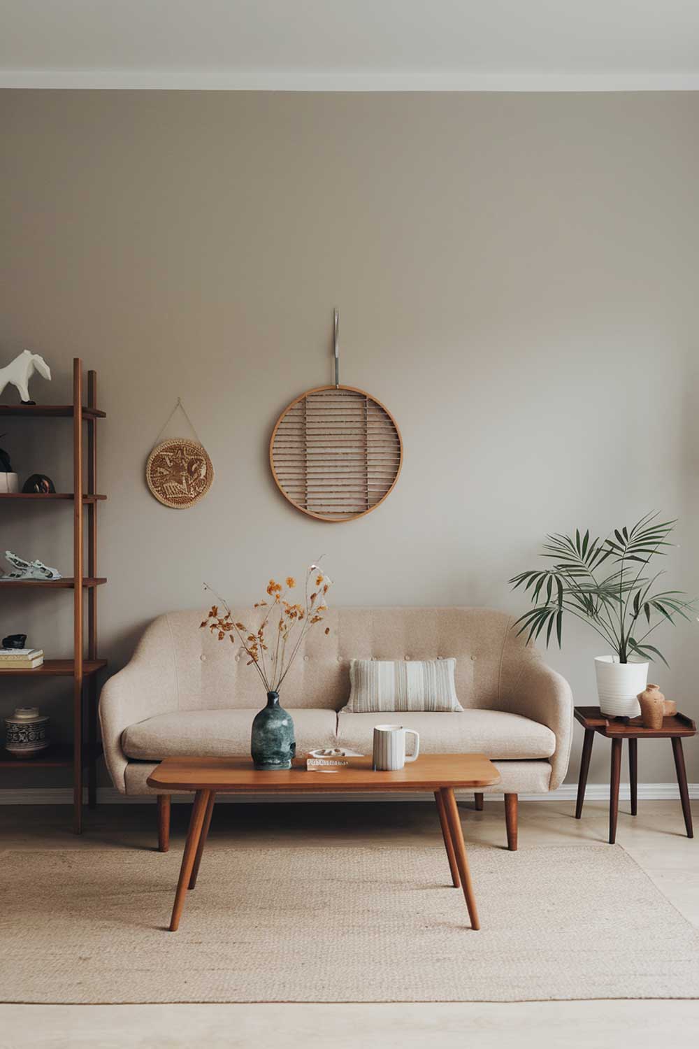 A japandi minimalist living room with earth tones. The room has a beige sofa with wooden legs, a few decorative items, and a plant. There's a wooden coffee table in front of the sofa. The walls are painted in a light grey shade. The floor is covered with a beige rug. The room has a few pieces of wooden furniture, including a shelf and a side table. The style is japandi, which combines Japanese and Scandinavian design elements.