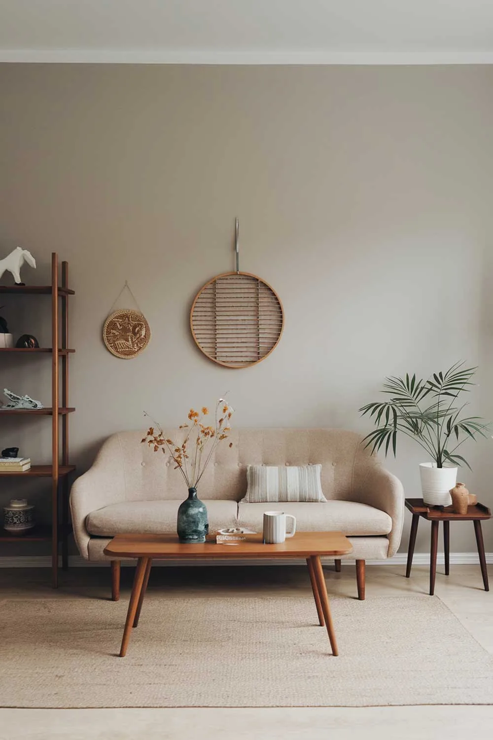 25 Inspiring Minimalist Living Room Ideas with Earth Tones 18 A japandi minimalist living room with earth tones. The room has a beige sofa with wooden legs, a few decorative items, and a plant. There's a wooden coffee table in front of the sofa. The walls are painted in a light grey shade. The floor is covered with a beige rug. The room has a few pieces of wooden furniture, including a shelf and a side table. The style is japandi, which combines Japanese and Scandinavian design elements.