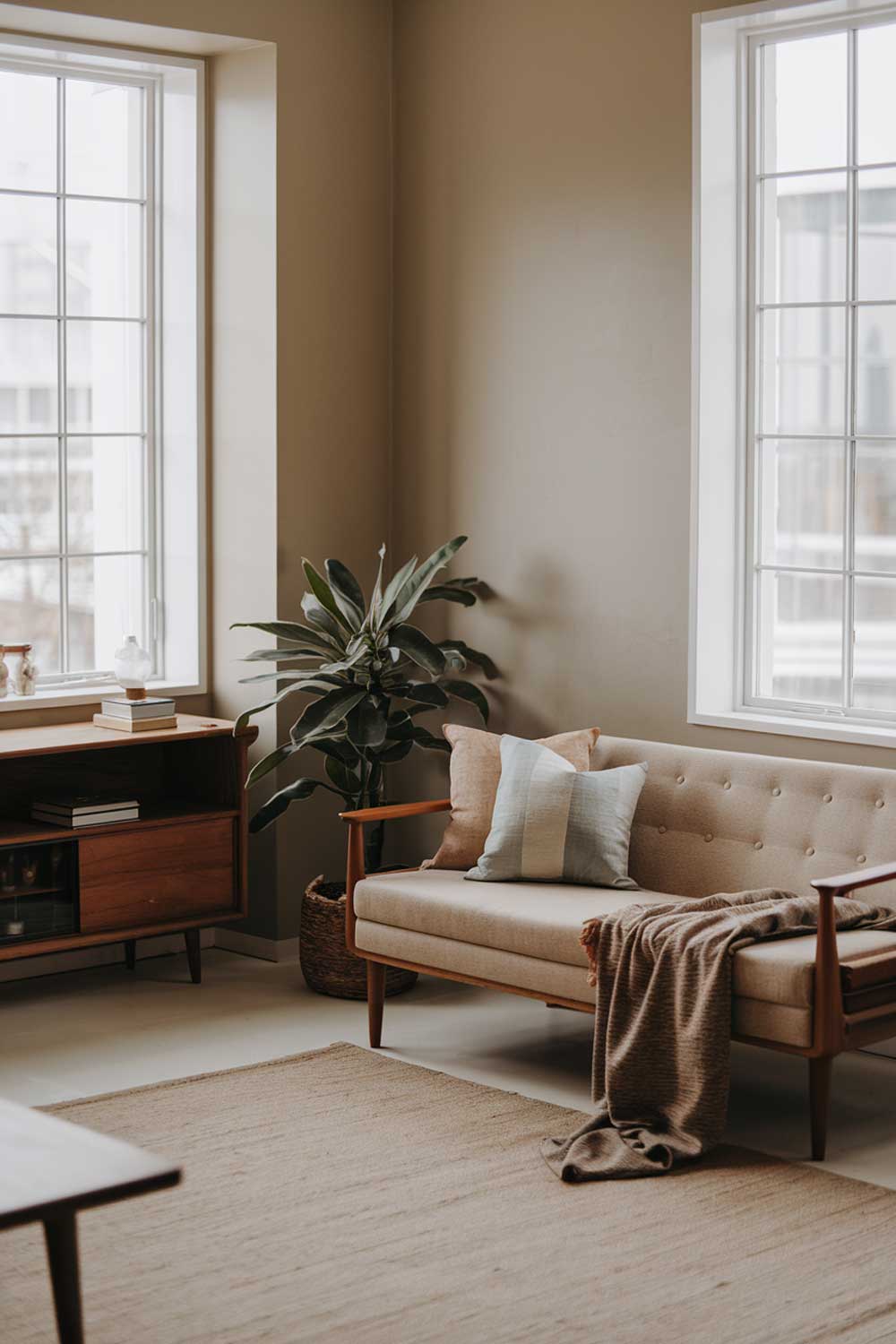 A cozy Japandi minimalist living room with earth tones. There's a beige sofa with wooden legs and a few throw pillows. A potted plant sits on the ground next to the sofa. The walls are painted in a light gray hue. There's a wooden console table near the sofa with a few items on top. The floor is covered with a beige rug. The room has large windows allowing natural light to fill the space.