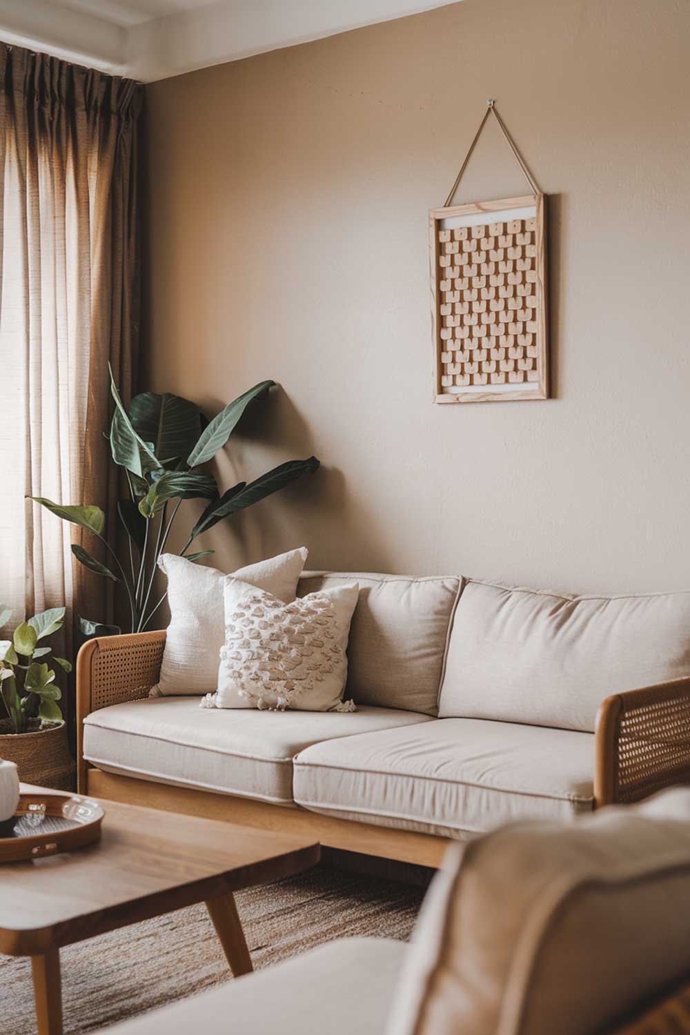 A cozy Japandi minimalist living room with earth tones. The room has a beige sofa with white cushions and a few decorative pillows. There is a wooden coffee table and a potted plant beside the sofa. The walls are painted in a light beige tone. There is a wooden frame with a decorative pattern hanging on the wall. The room has a warm and inviting atmosphere.