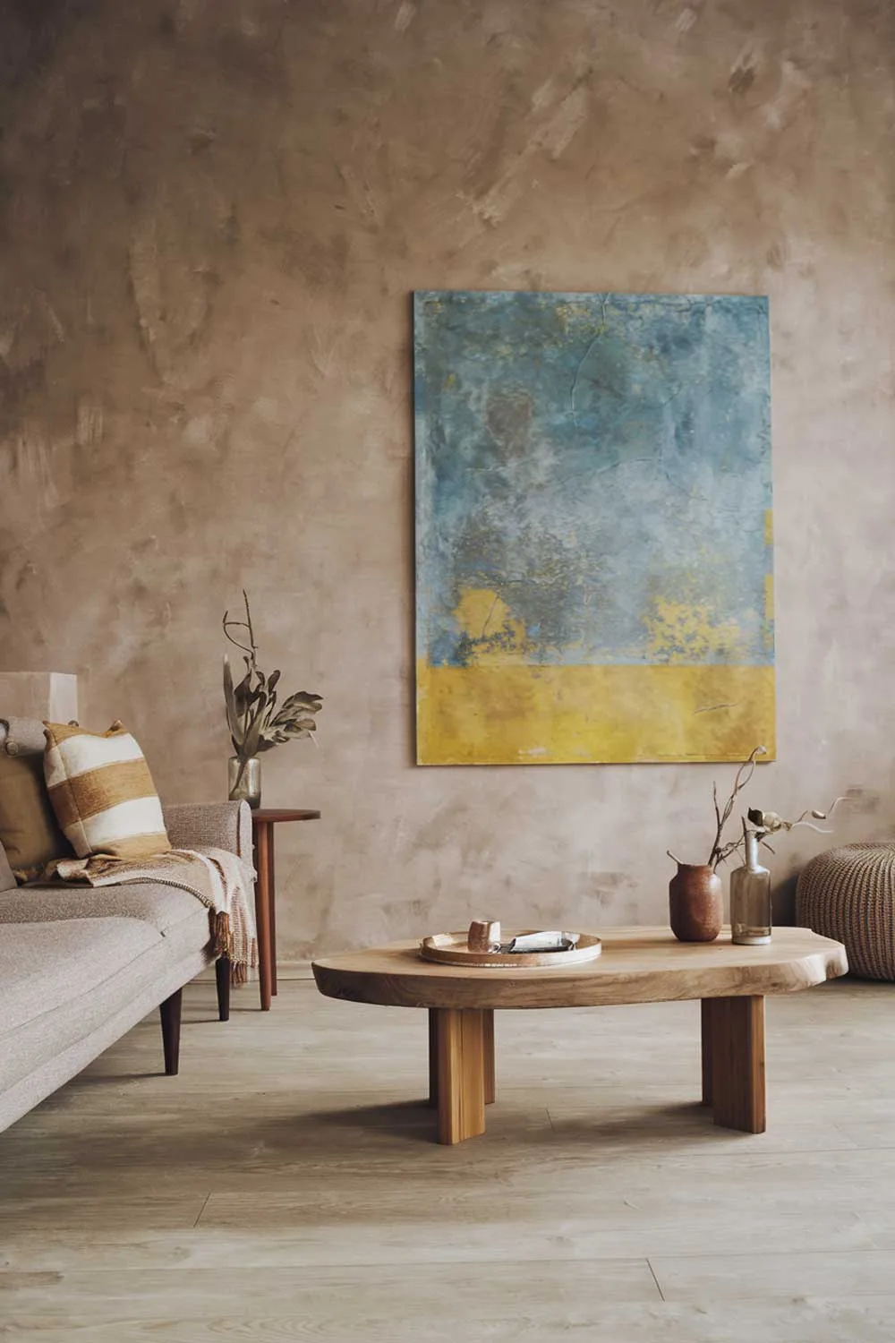 25 Inspiring Minimalist Living Room Ideas with Earth Tones 21 A Scandinavian minimalist living room with earthy tones. The room has a beige sofa with a few throw pillows. There's a wooden coffee table in the middle of the room. On the wall, there's a large, abstract painting with a blue and yellow palette. The floor is made of light wood planks.