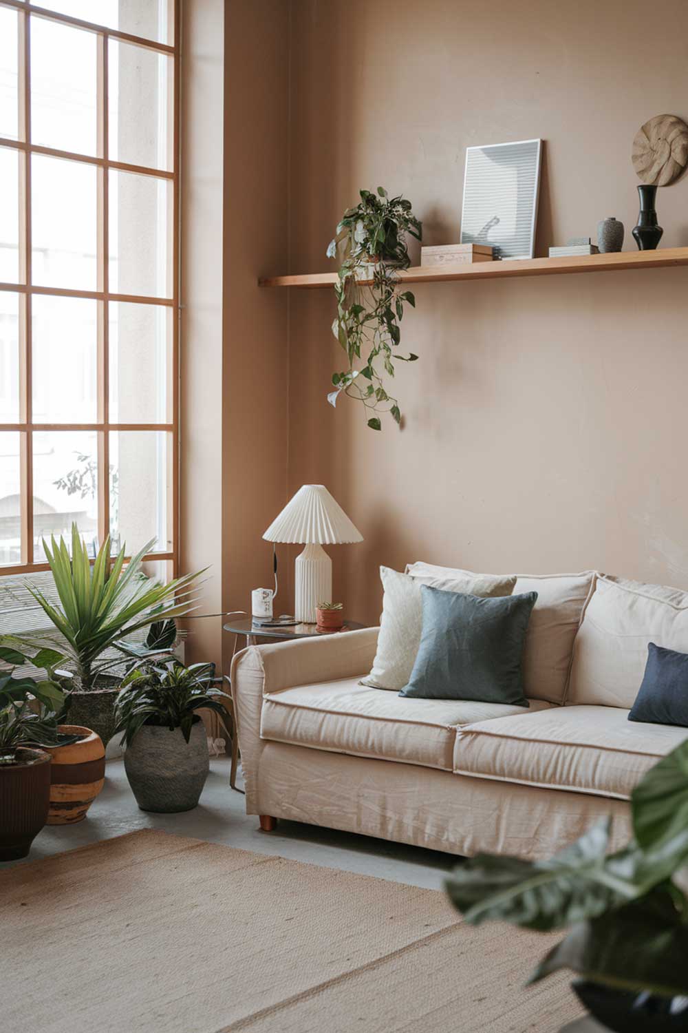 A cozy Scandinavian minimalist living room with earth tones. There's a beige sofa with a few pillows in a darker shade of beige and blue. Next to the sofa, there's a side table with a white lamp. On the wall above the sofa, there's a wooden shelf with a few decorative items. The floor is covered with a beige rug. The room has a few plants and natural light comes through a large window on the left.