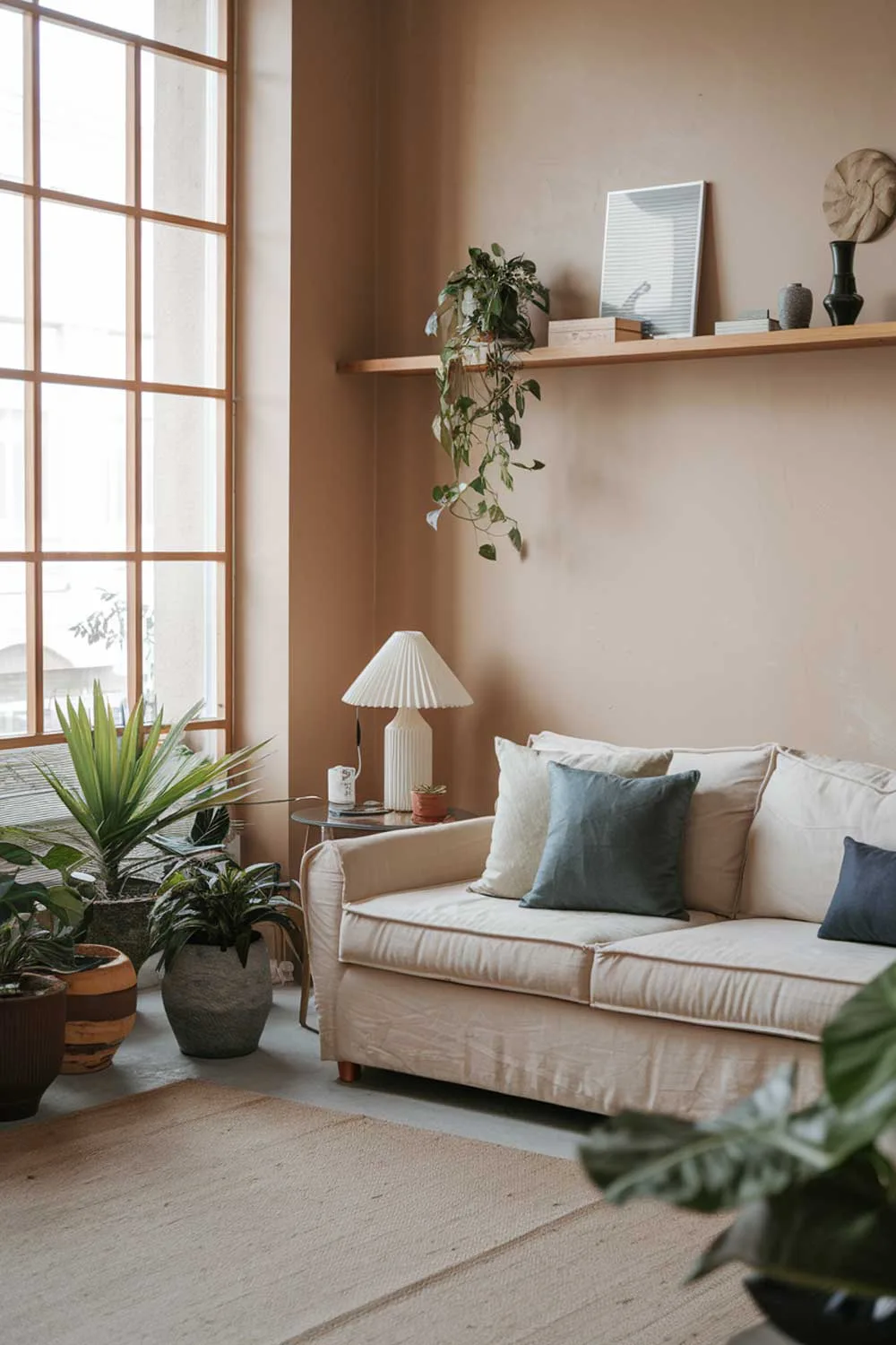 25 Inspiring Minimalist Living Room Ideas with Earth Tones 22 A cozy Scandinavian minimalist living room with earth tones. There's a beige sofa with a few pillows in a darker shade of beige and blue. Next to the sofa, there's a side table with a white lamp. On the wall above the sofa, there's a wooden shelf with a few decorative items. The floor is covered with a beige rug. The room has a few plants and natural light comes through a large window on the left.